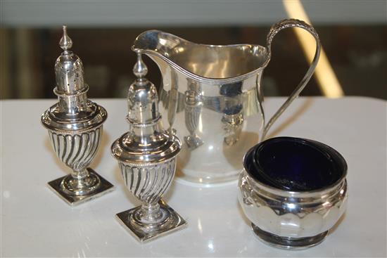 Small silver- a cream jug, a pair of pepper pots and a salt cellar